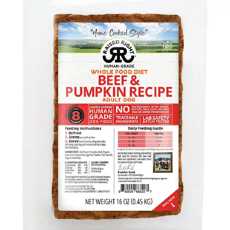 Raised Right Frozen Lightly Cooked Beef & Pumpkin Pate for Dogs 1#