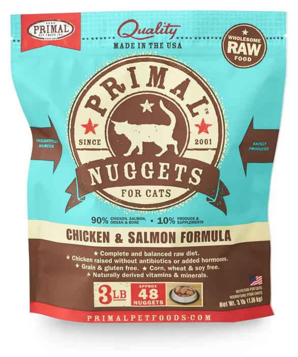 Primal Raw Frozen Feline Chicken & Salmon Formula Nuggets Cat Food 3-lb