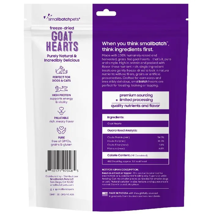 Smallbatch Freeze-Dried Goat Hearts for Dogs and Cats 3oz