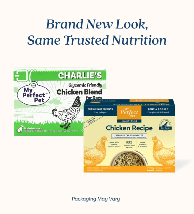 My Perfect Pet Charlie’s chicken blend old and new packaging