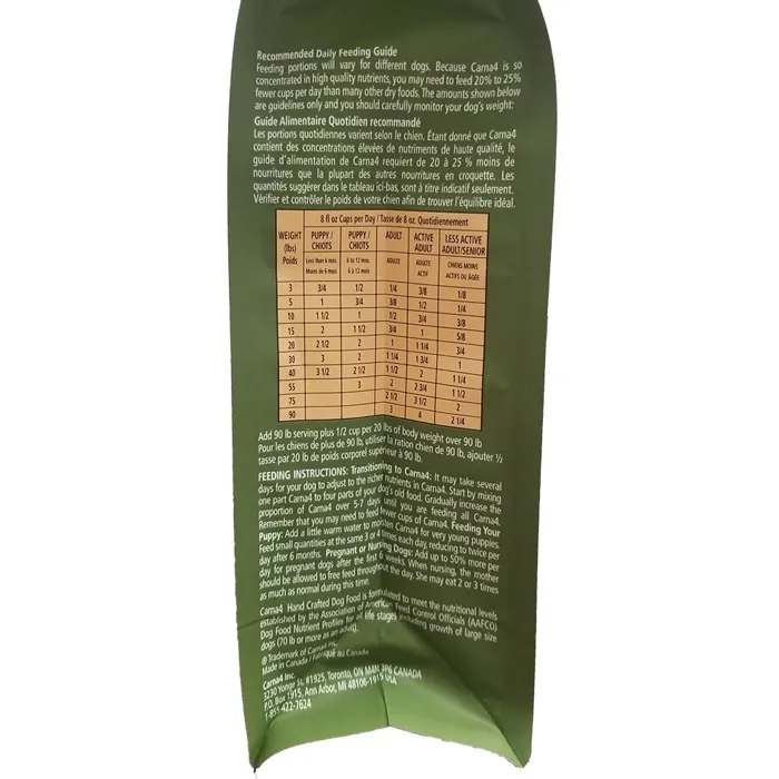 Carna4 Grain-Free Duck Dog Food feeding guide